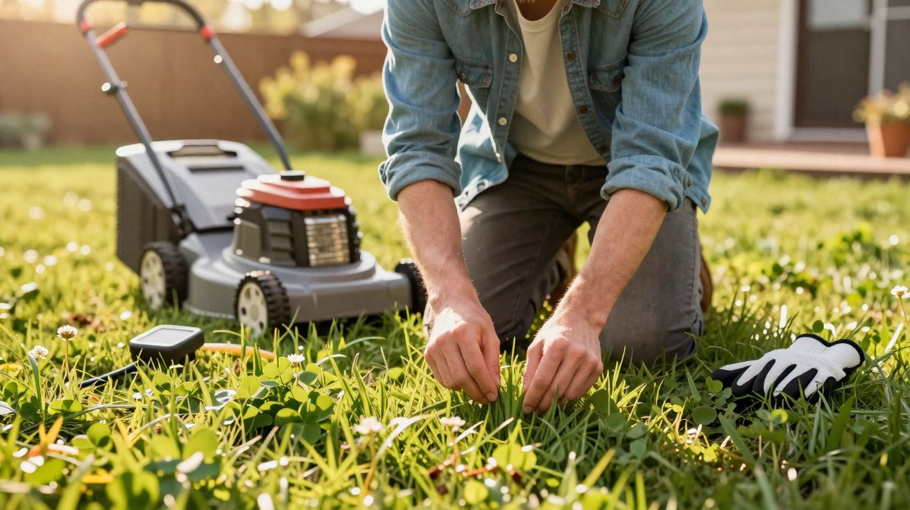 Pessoa ajoelhada a arrancar ervas daninhas num relvado com cortador de relva e luvas ao lado.