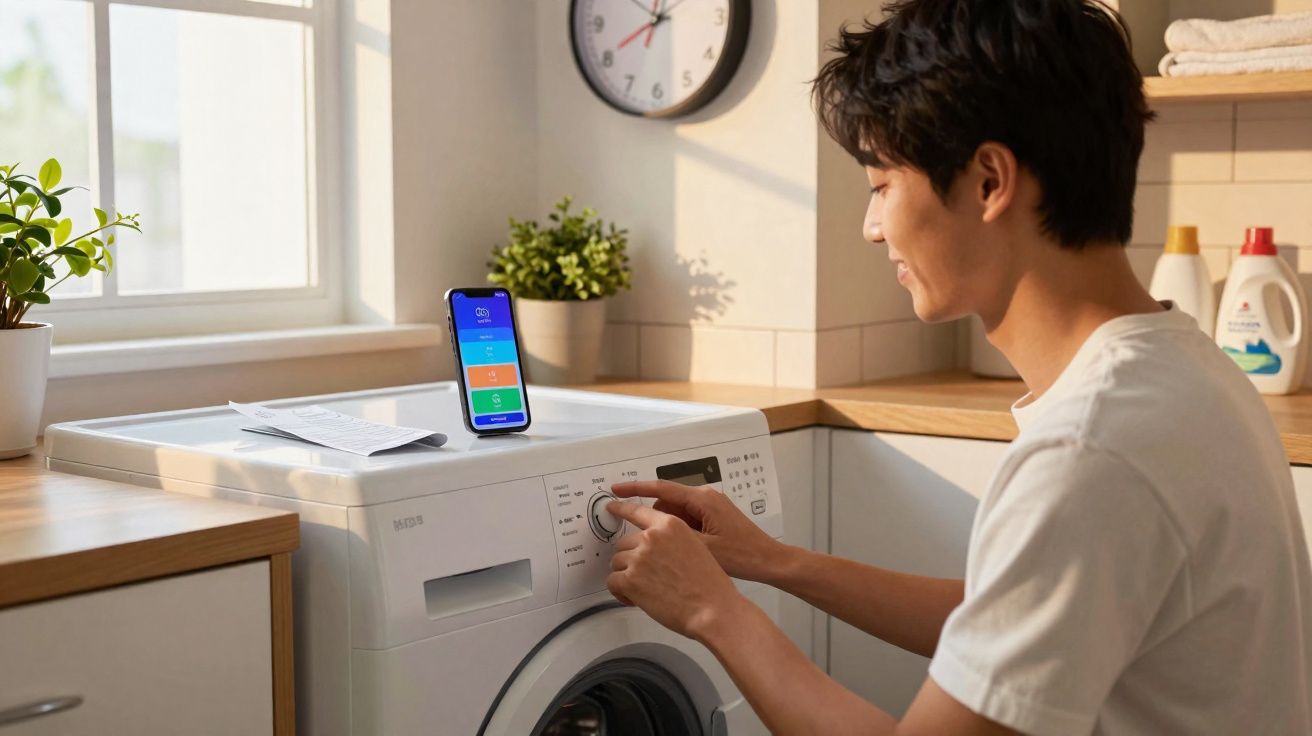 Homem a programar a máquina de lavar roupa numa lavandaria com smartphone na máquina.