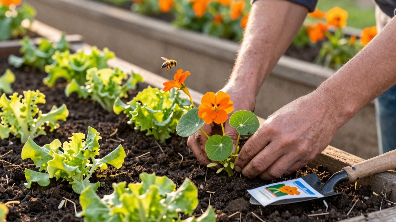 Mãos a plantar flor laranja numa horta com alfaces verdes e abelha a voar próximo.