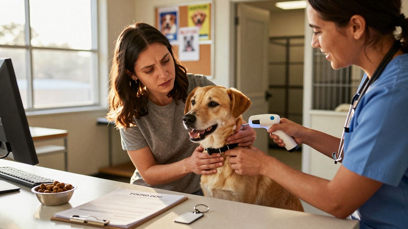 Veterinária mede temperatura de cachorro enquanto dona o segura na clínica animal.