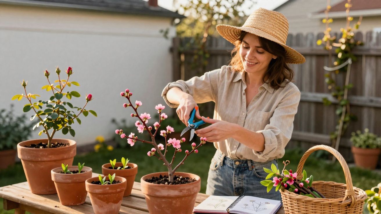 Mulher a podar planta florida num vaso, sorrindo, numa mesa com vários vasos e um cesto de flores.