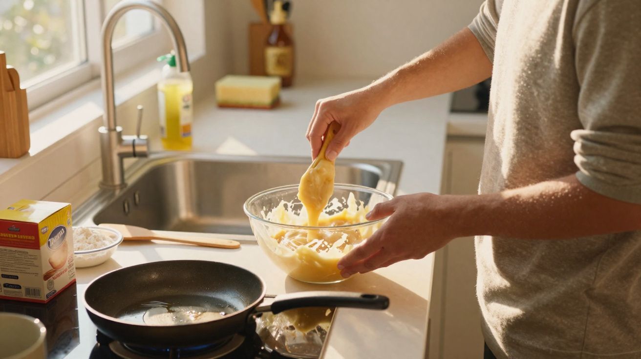 Pessoa a preparar massa para panquecas na cozinha, com frigideira no fogão e utensílios na bancada.
