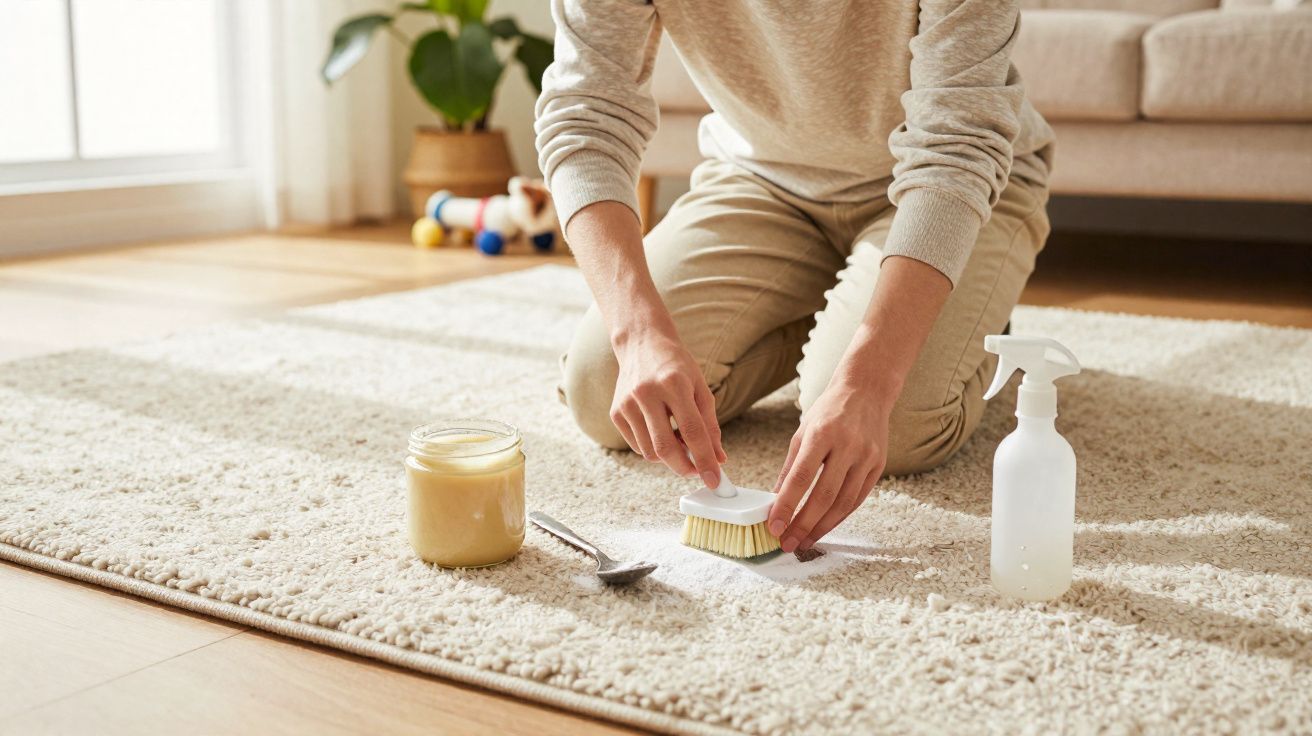 Pessoa a limpar tapete creme com escova, pano e produto de limpeza numa sala iluminada.