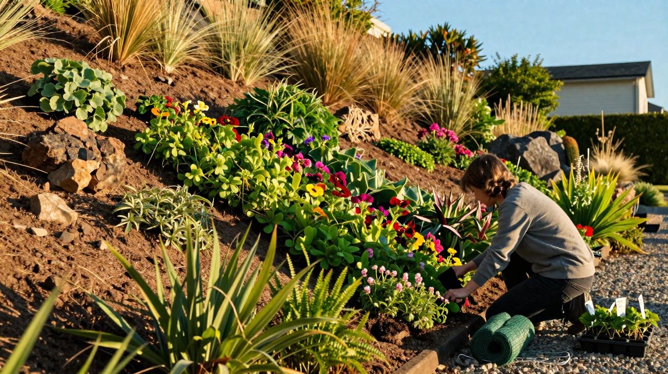 Pessoa a cuidar de flores num jardim em terra inclinada durante o dia com céu limpo.
