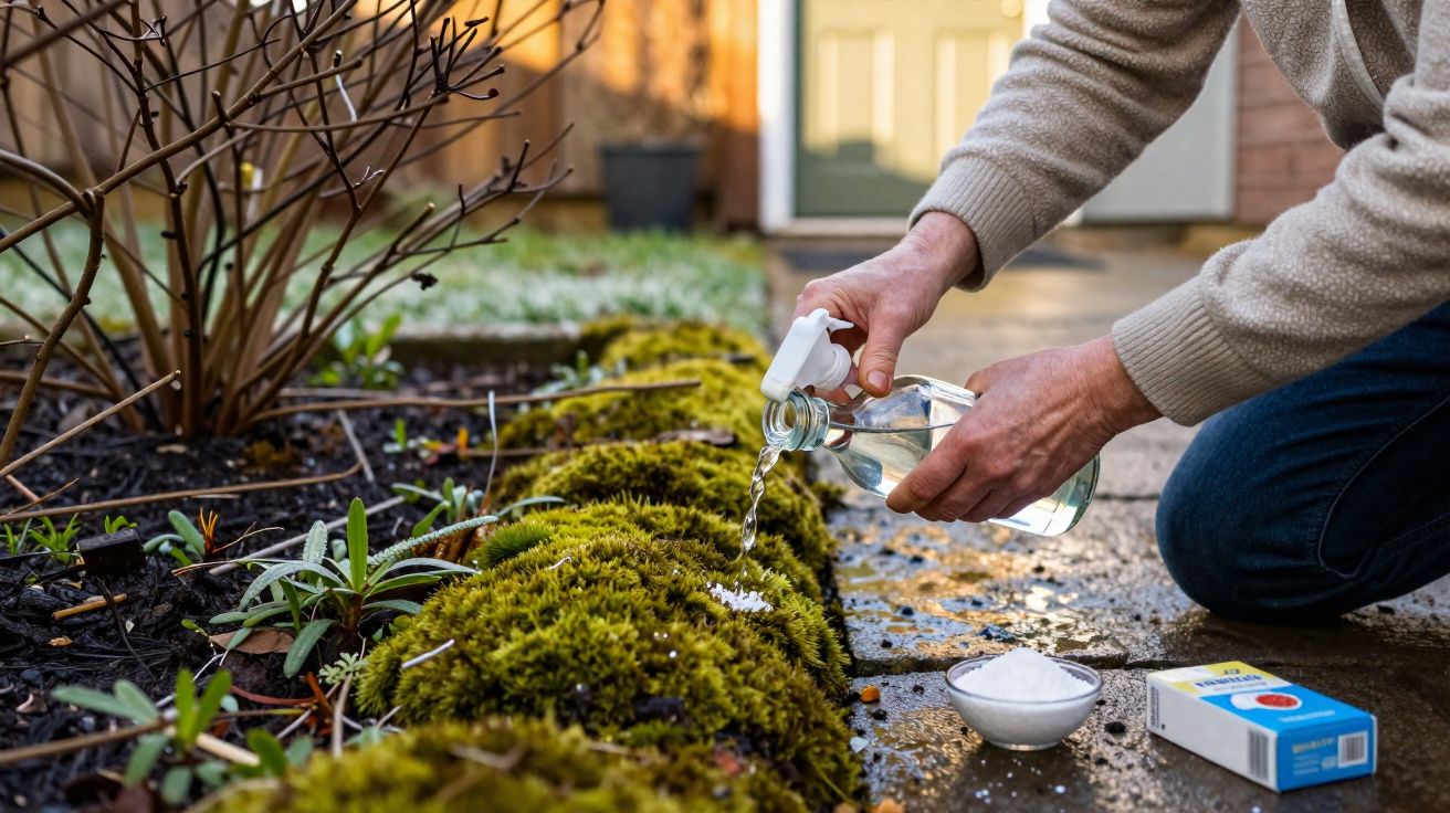 Pessoa a aplicar solução líquida em musgo num jardim, com recipiente de sal e caixa ao lado.
