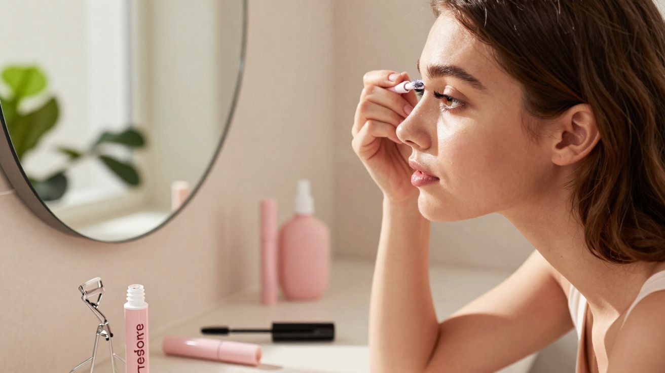 Mulher a aplicar máscara de pestanas em frente a um espelho com acessórios de maquilhagem numa mesa.