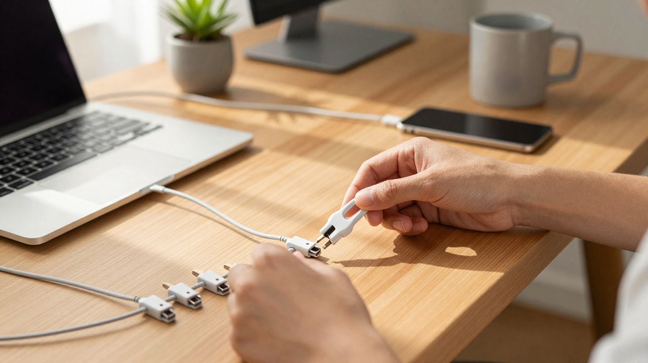 Mãos masculinas ligam conexão USB a cabo com adaptadores múltiplos numa secretária de madeira com laptop e outros objetos.