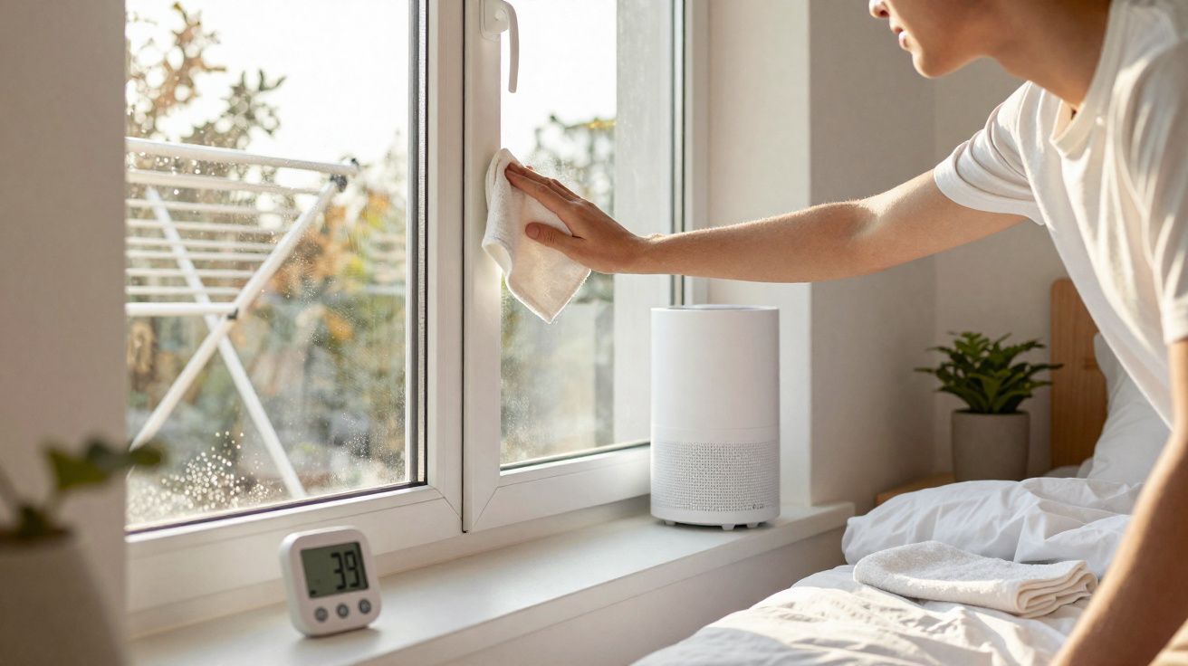 Pessoa a limpar o vidro da janela com um pano numa manhã ensolarada dentro de casa.