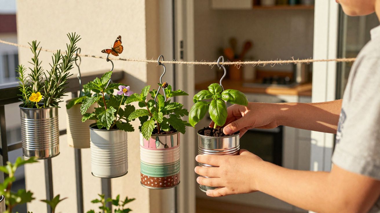 Vasos reciclados pendurados num varal com plantas e uma mão a cuidar de manjericão num varão na varanda.
