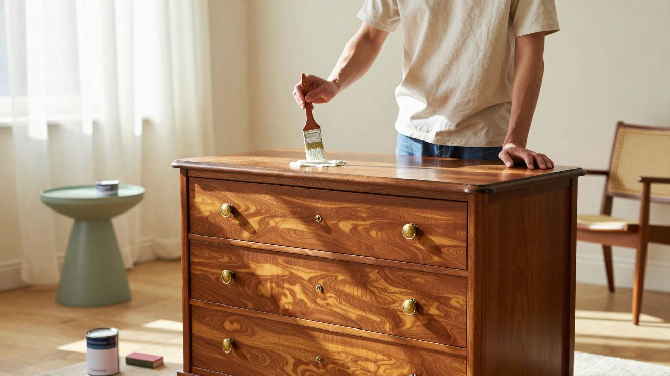 Pessoa a aplicar verniz num aparador de madeira numa sala iluminada por luz natural.