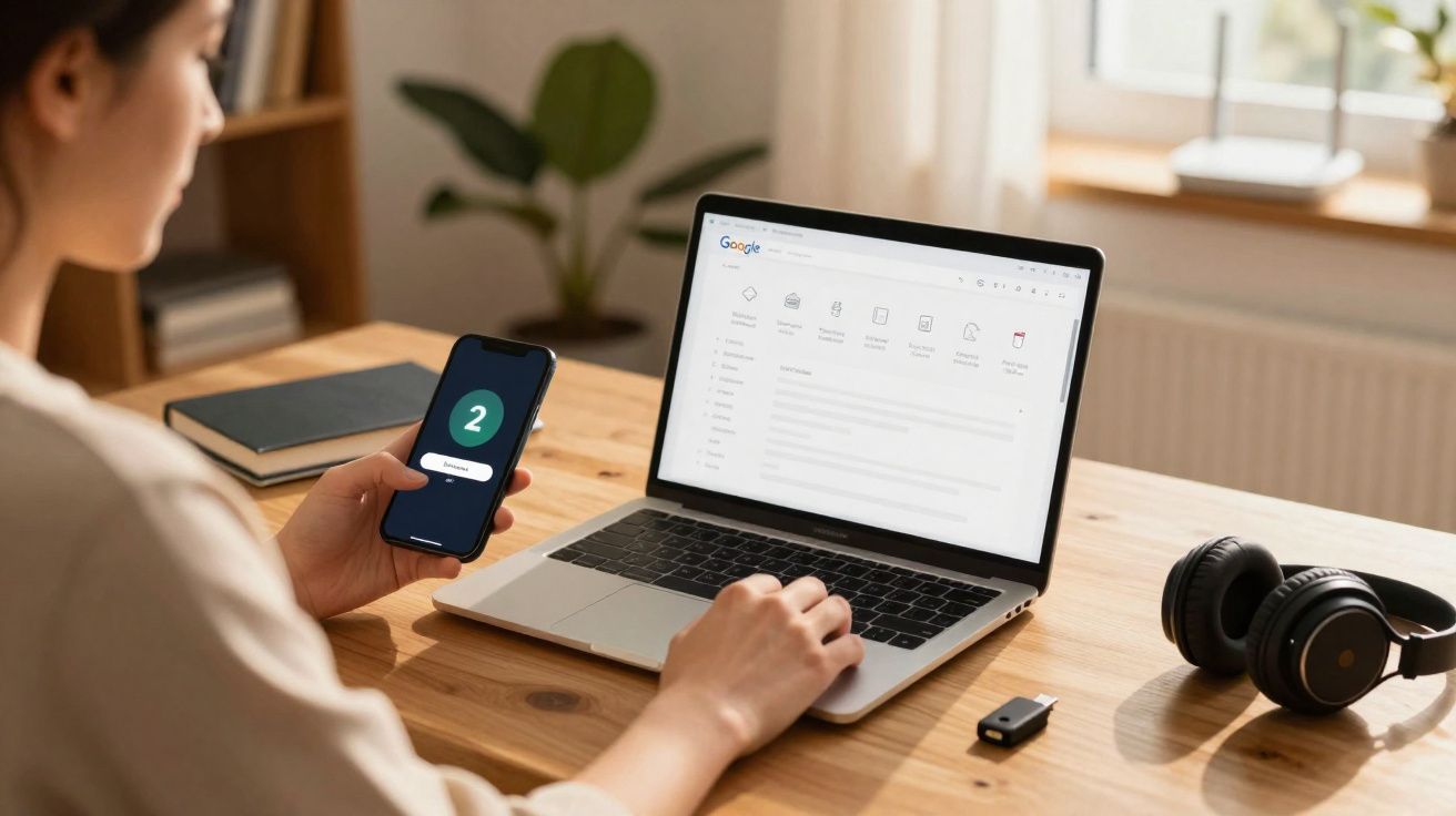 Pessoa a usar autenticação em duas etapas num telemóvel enquanto trabalha num computador portátil.