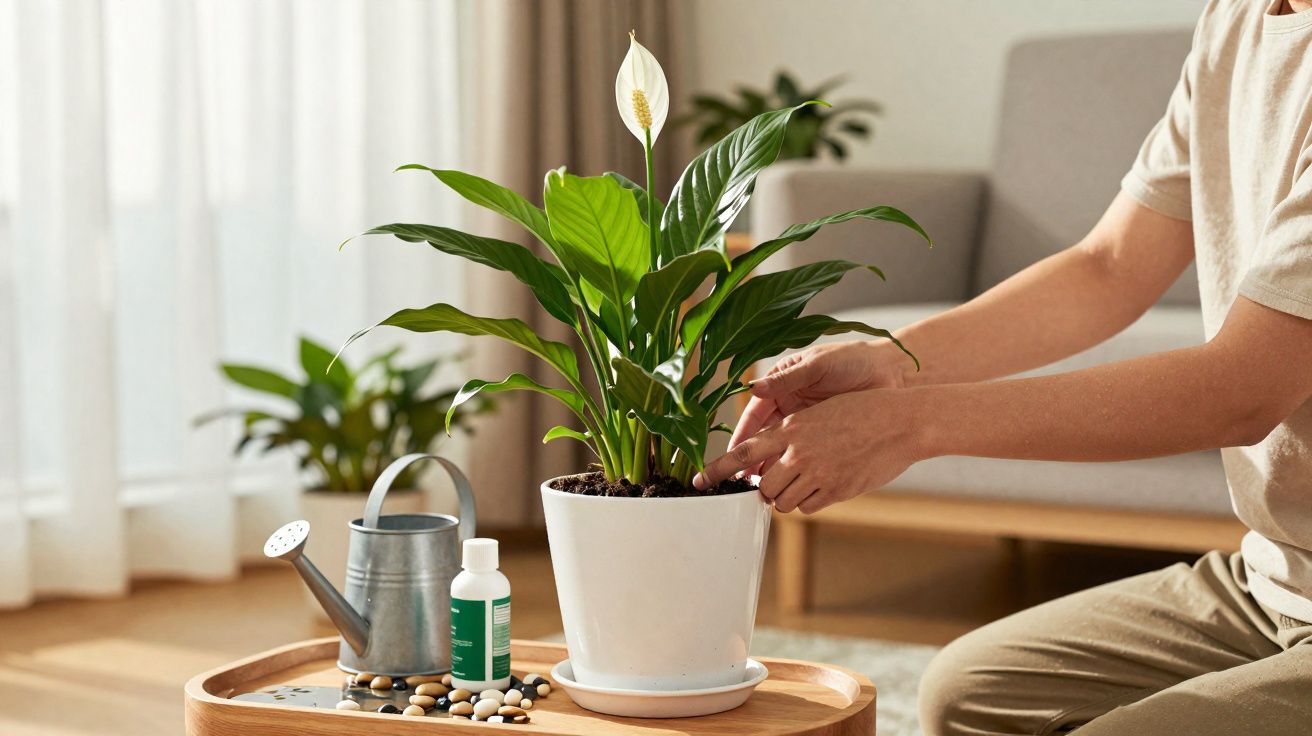 Pessoa a cuidar de lírio-da-paz em vaso branco numa sala iluminada com regador e fertilizante na mesa.