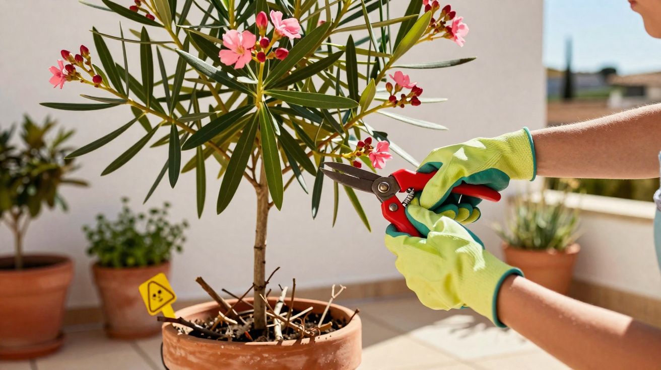 Pessoa com luvas verdes a podar uma planta de flores cor-de-rosa num vaso de barro num terraço.