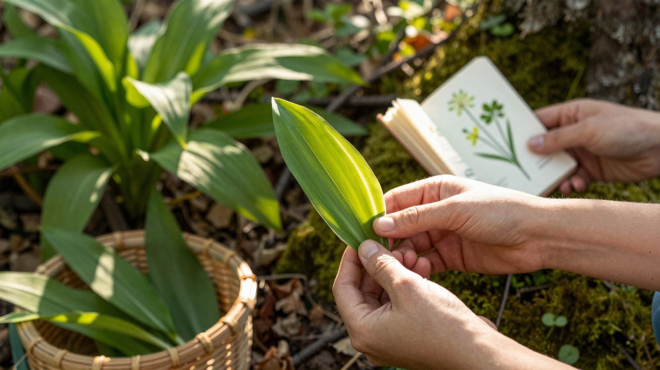 Mãos segurando uma folha verde enquanto consultam um livro de plantas ao lado de cesto com folhas colhidas.