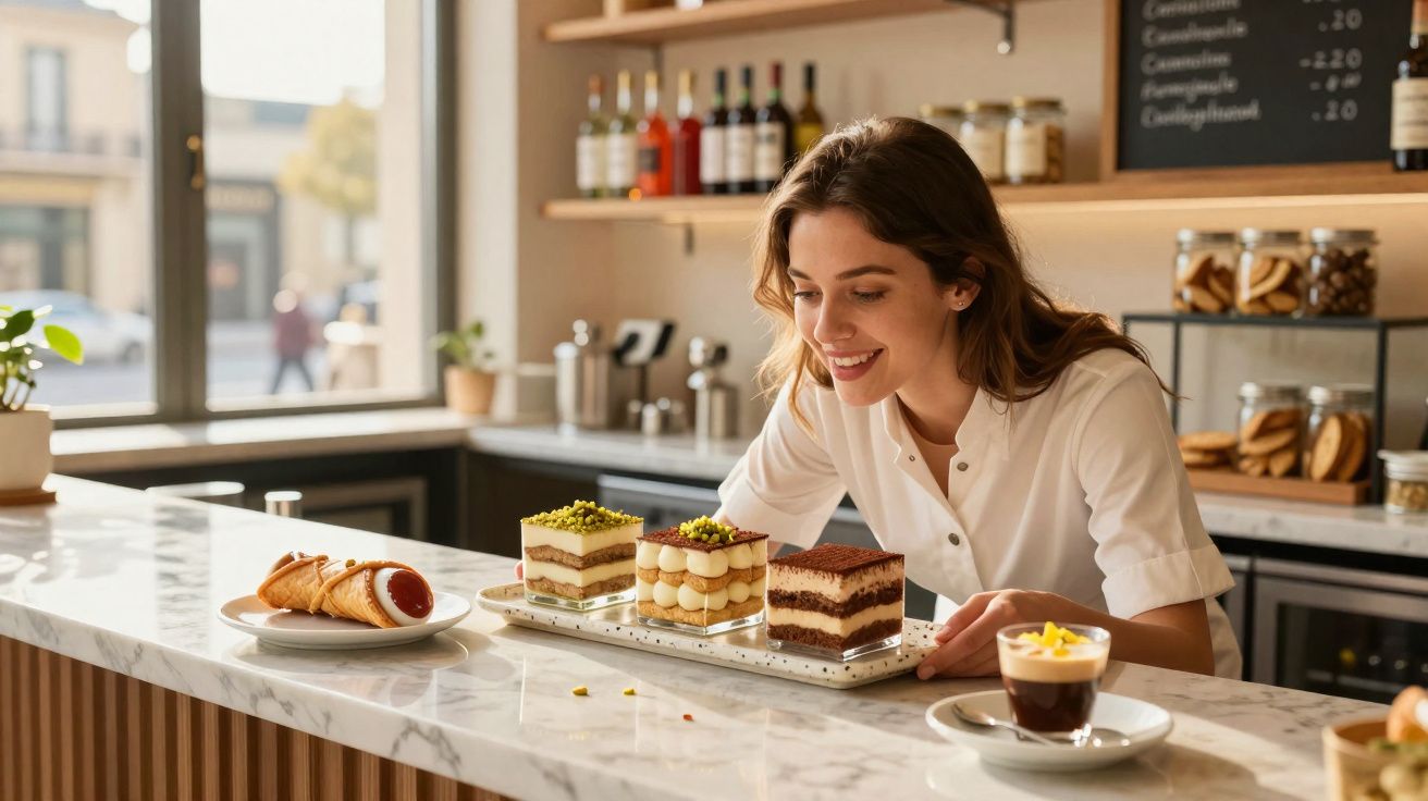 Mulher sorridente numa pastelaria a admirar três sobremesas em copos e um café numa mesa de mármore.