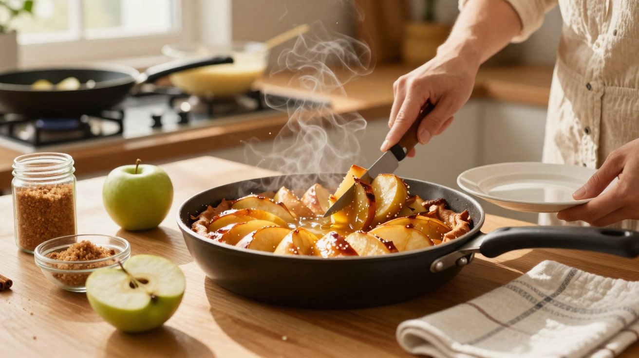 Pessoa a servir torta de maçã quente numa frigideira numa cozinha iluminada pela luz natural.