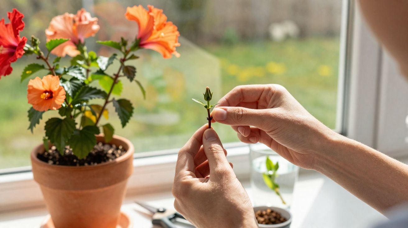 Mãos a podar uma pequena planta perto de vaso com flor laranja junto a janela iluminada.