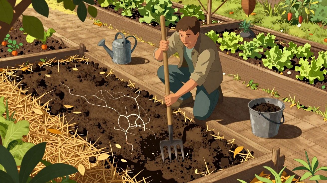 Homem a jardinar em canteiro com enxada, rodeado de legumes e regadeira num jardim bem cuidado.