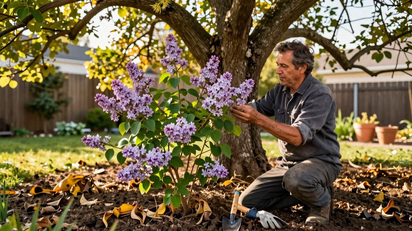 Homem cuida de arbusto com flores roxas no jardim sob uma árvore ao entardecer.