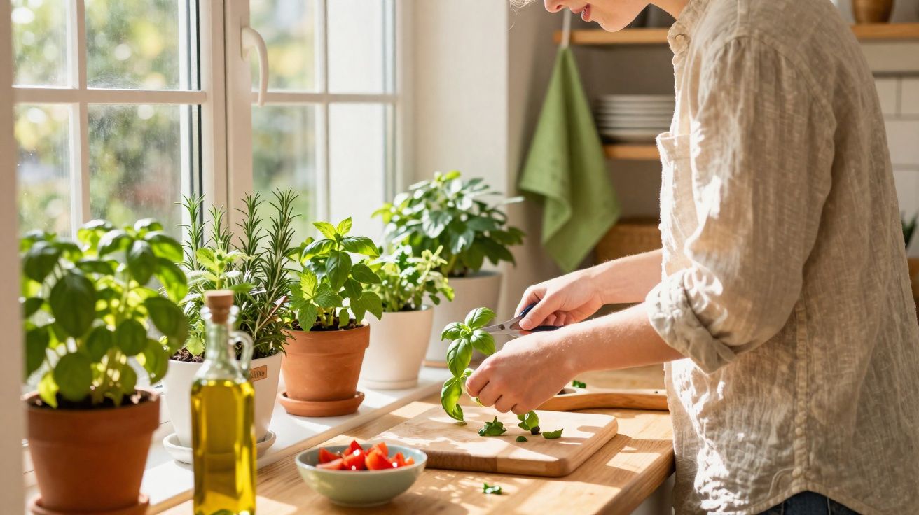 Pessoa a cortar ervas aromáticas frescas numa cozinha com várias plantas junto à janela.