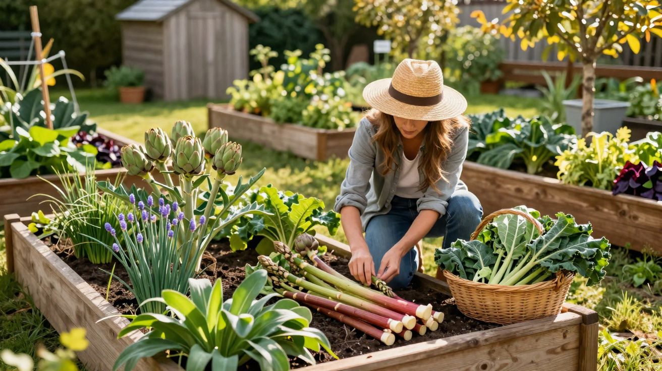 Mulher a colher e arranjar legumes frescos numa horta urbana com canteiros elevados e cesta de vime.