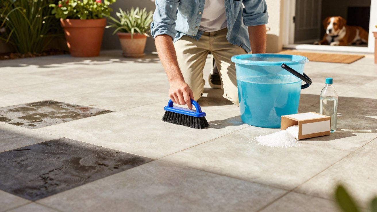 Pessoa a esfregar chão de azulejo com escova, balde de água e produtos de limpeza na varanda, cão ao fundo.