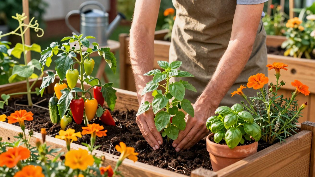 Pessoa a plantar uma muda em canteiro de madeira com plantas e flores coloridas à volta.