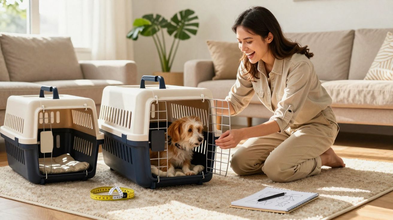 Mulher abre caixa de transporte para cão pequeno dentro de sala iluminada, com sofá e plantas ao fundo.