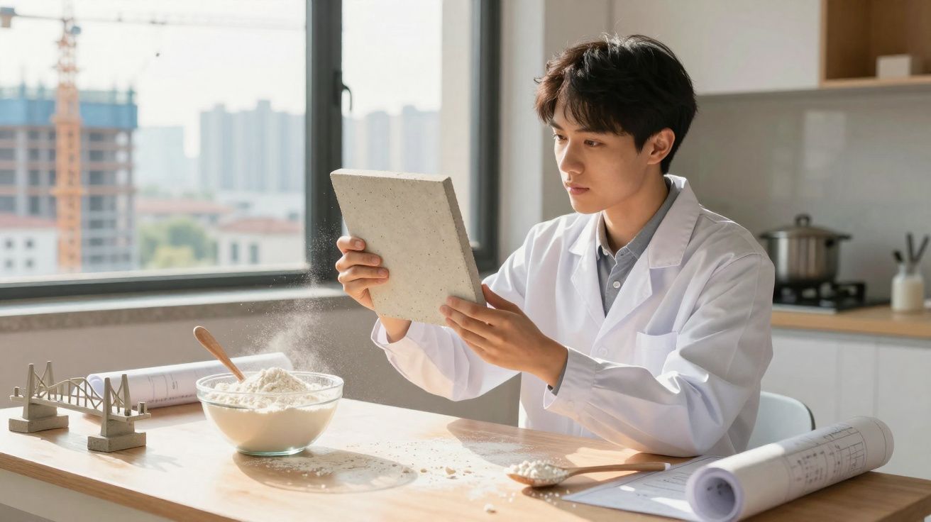 Homem em bata branca examina placa de cimento com farinha e modelos de pontes numa mesa.