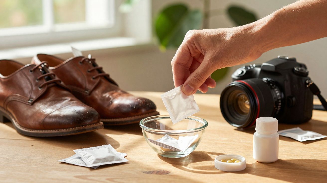 Mão a colocar saqueta num pequeno recipiente, com sapatos castanhos, câmara fotográfica e medicamentos sobre a mesa.