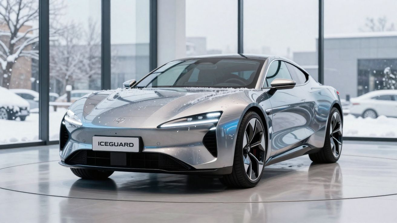 Carro desportivo elétrico cinzento estacionado em showroom com neve visível no exterior através das janelas.