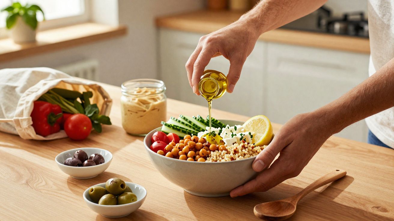Pessoa a deitar azeite numa salada saudável com grão, pepino, tomate, quinoa e limão numa cozinha clara.