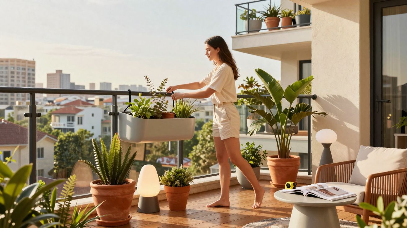 Mulher a cuidar de plantas num terraço luminoso com vista para prédios e árvores.