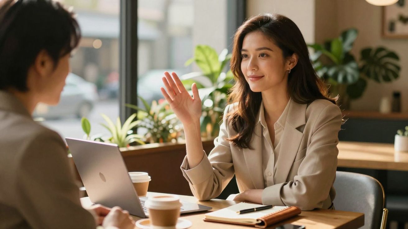 Duas mulheres num café, uma cumprimenta com a mão levantada durante conversa amigável.