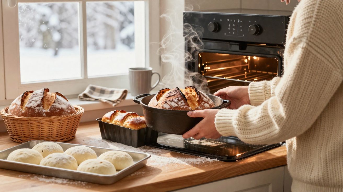 Pessoa a retirar pão quente do forno numa cozinha com massas cruas e pão na bancada, junto à janela.