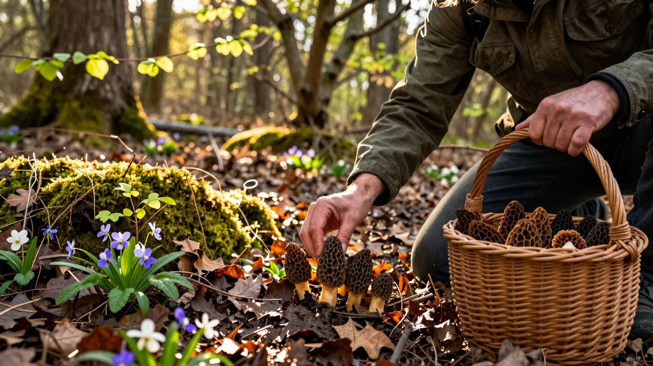Pessoa apanha cogumelos morel numa floresta, com cesta de vime cheia de cogumelos ao lado.