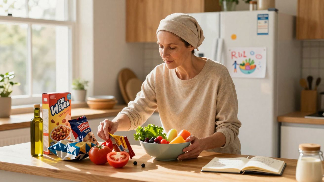 Mulher a preparar salada com legumes frescos na cozinha iluminada, com alimentos e livro aberto na bancada.