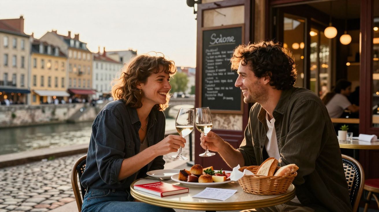 Casal sorridente brinda com vinho num café ao ar livre junto a um canal numa tarde ensolarada.