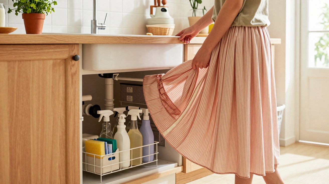 Pessoa a pegar num vestido rosa junto ao armário aberto da cozinha com produtos de limpeza organizados.