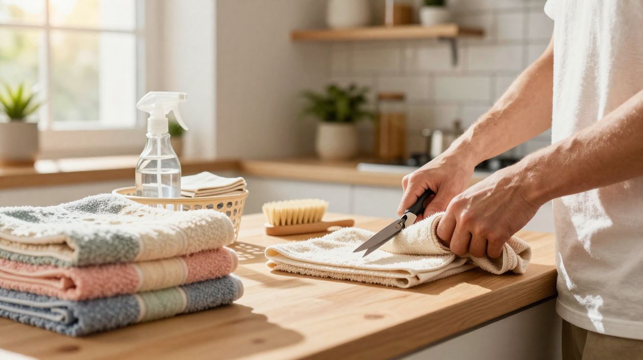 Pessoa a cortar toalha com tesoura numa cozinha iluminada, ao lado de toalhas empilhadas e spray de limpeza.