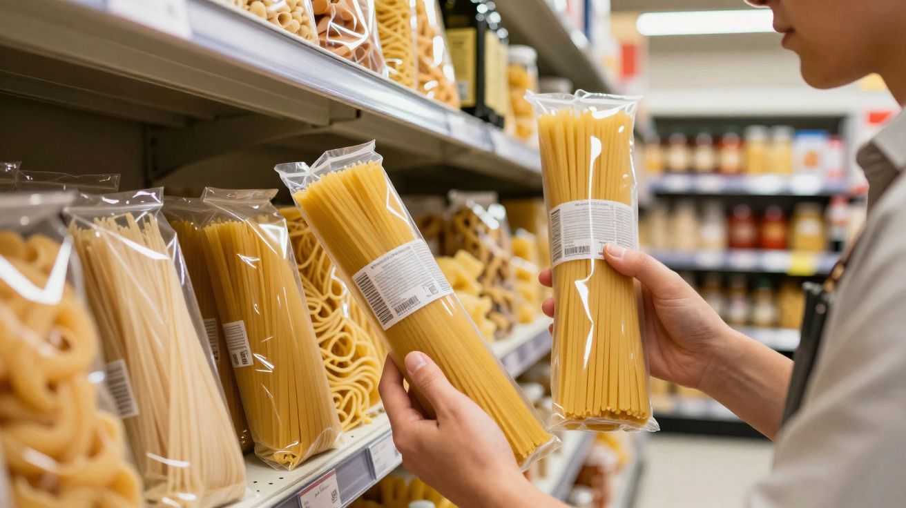 Pessoa a segurar embalagens de massa espaguete num corredor de supermercado.