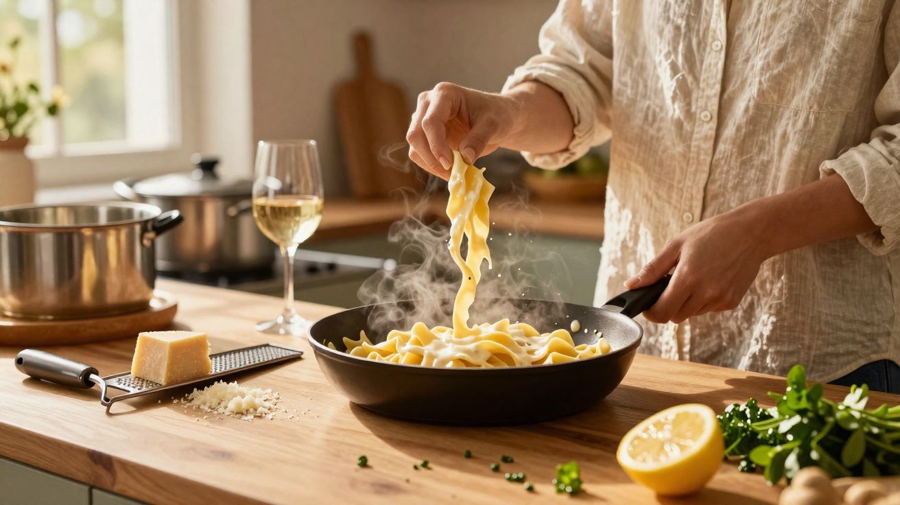 Pessoa a cozinhar massa numa frigideira numa cozinha, com queijo, vinho e legumes na bancada.
