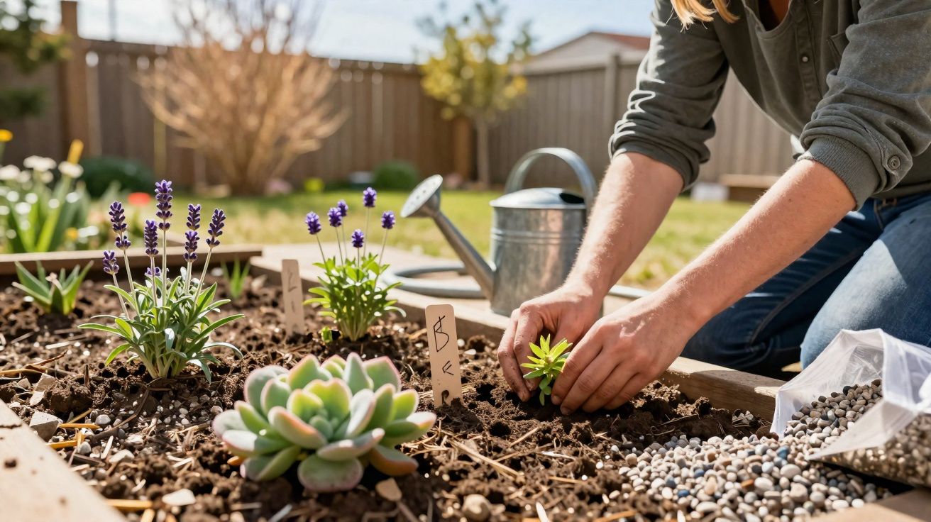 Pessoa a plantar uma muda num canteiro com flores de lavanda e suculentas num jardim ao ar livre.