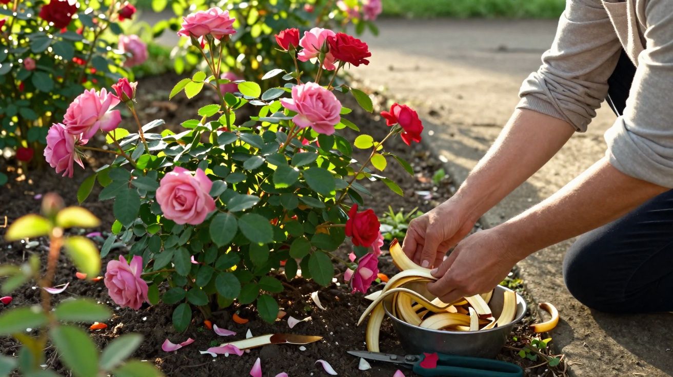 Pessoa a usar cascas de banana para adubar uma roseira com flores rosas e vermelhas num jardim.