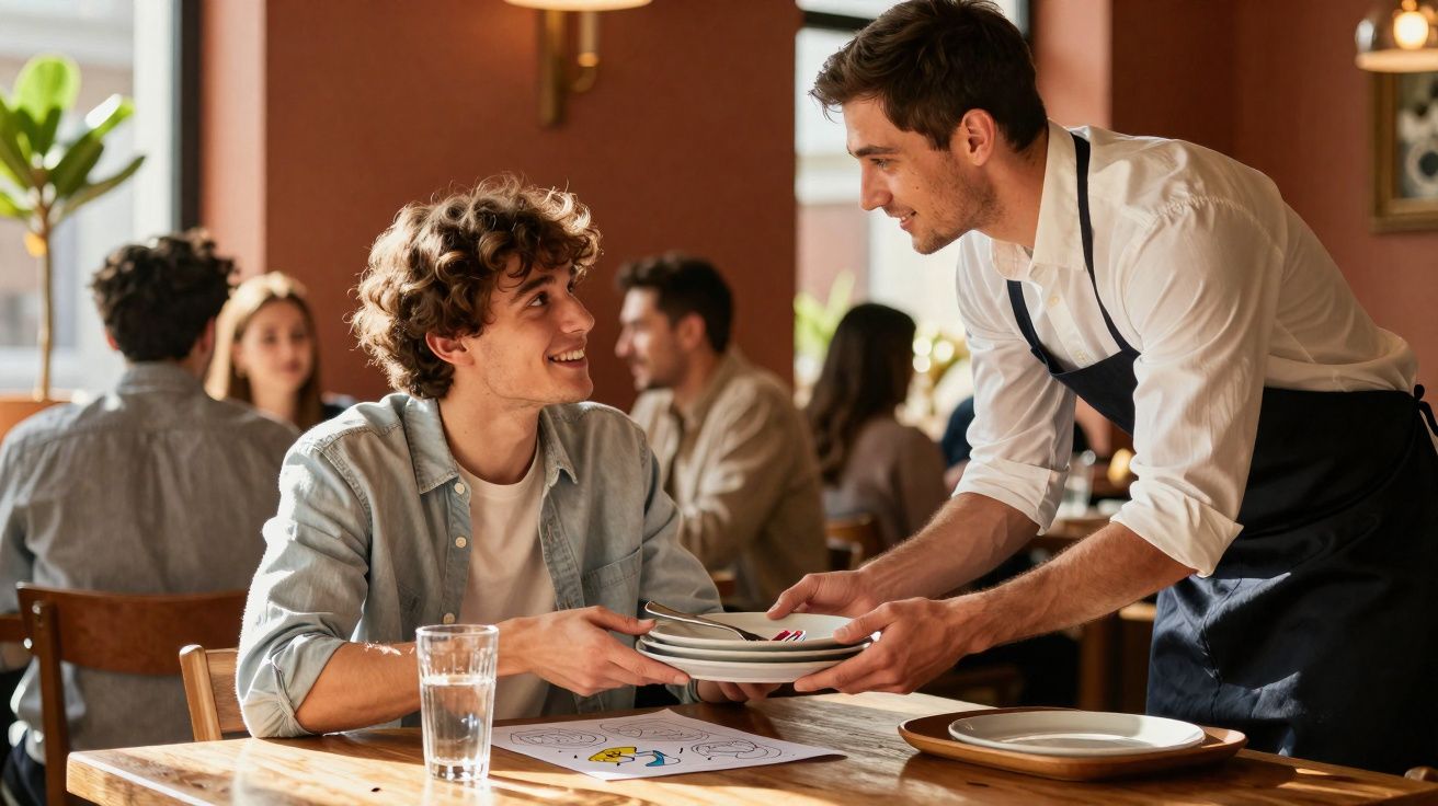 Cliente sorridente a receber pratos entregues por empregado num restaurante acolhedor.