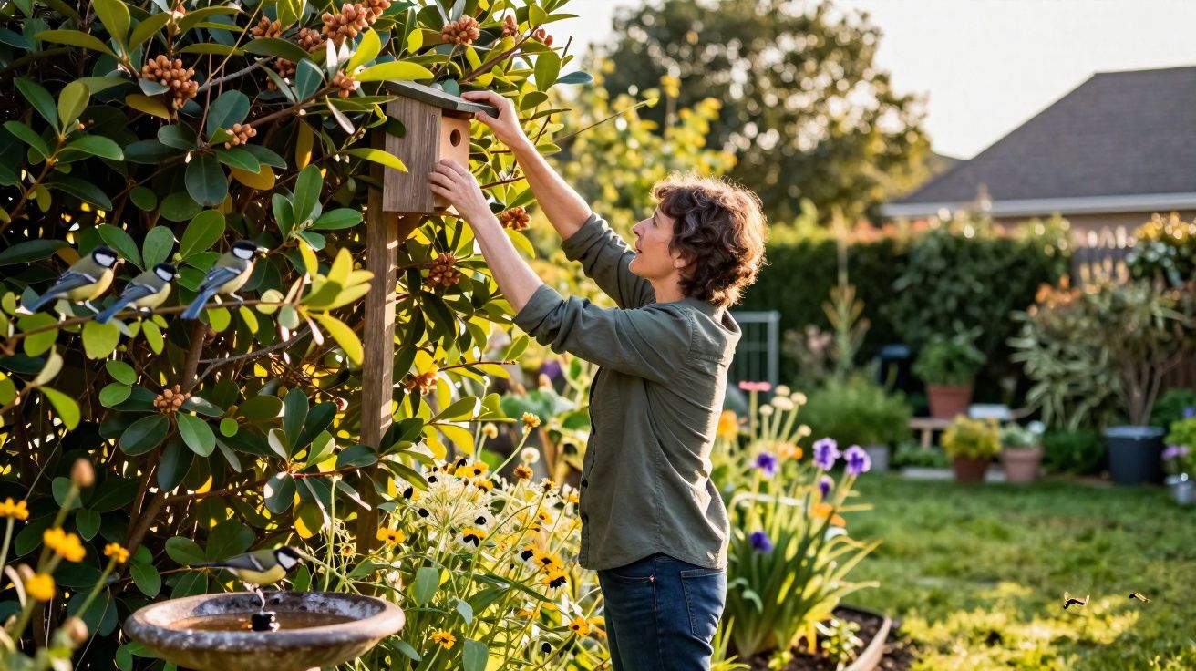 Pessoa a instalar uma casa de pássaros num jardim florido com arbustos e luz solar suave.