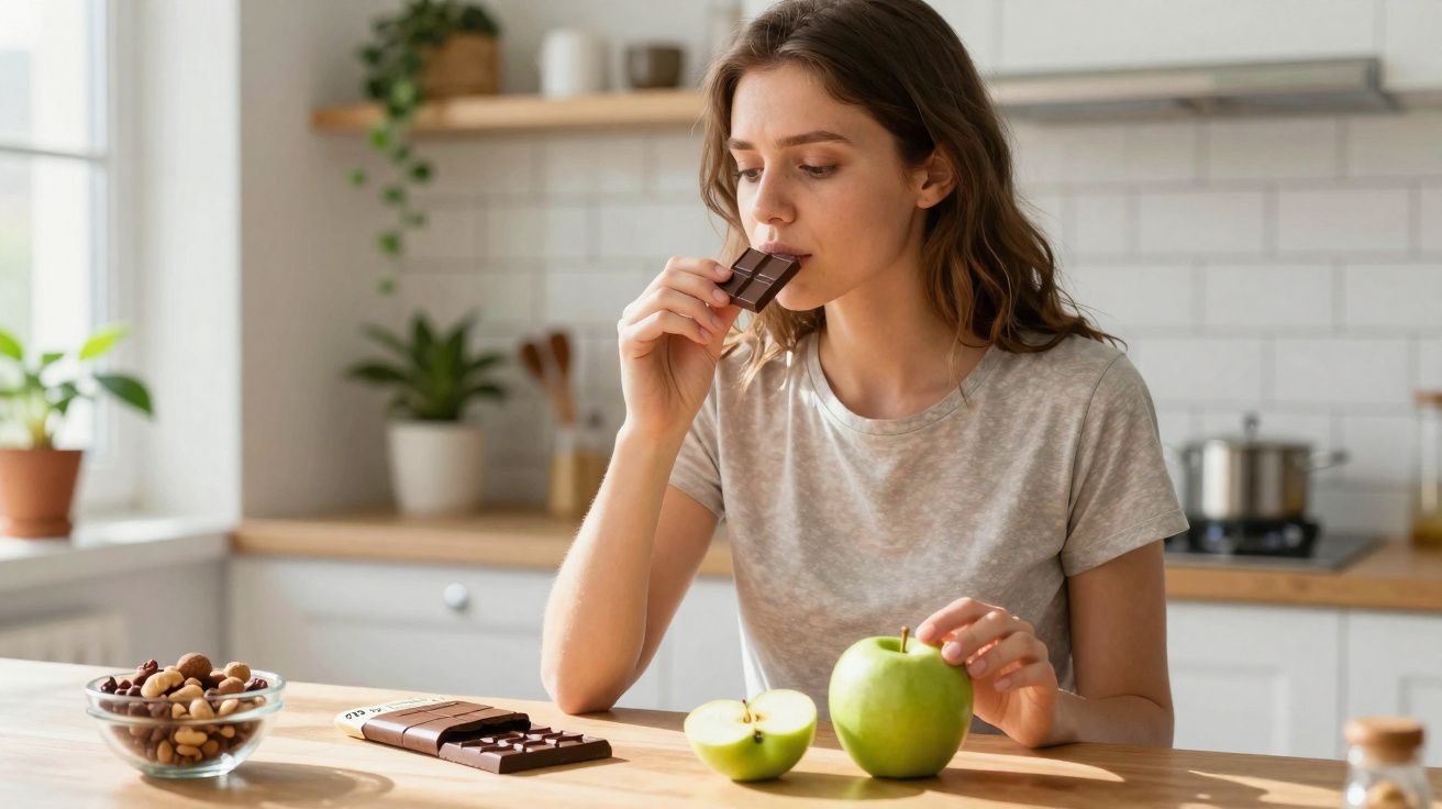 Mulher sentada à mesa da cozinha a comer chocolate, com maçãs verdes e frutos secos à sua frente.