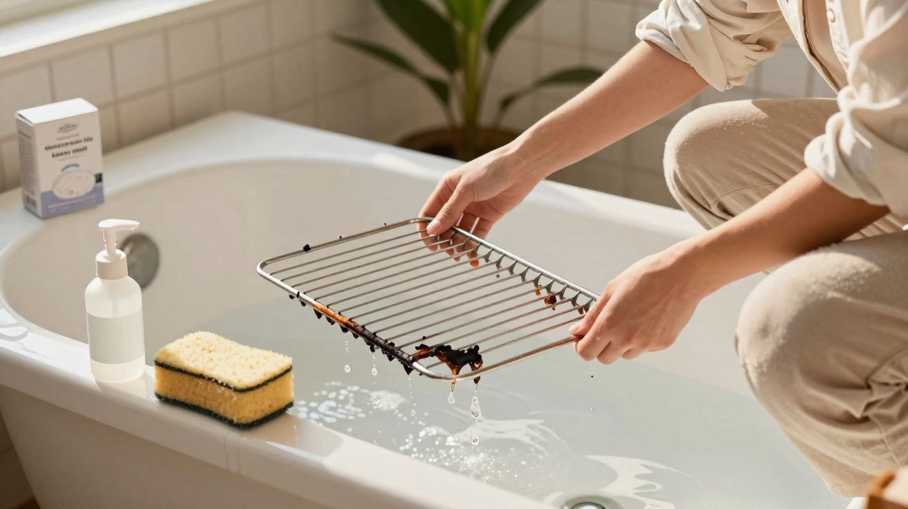 Pessoa a lavar grelha com resíduos numa banheira, junto a esponja e dispenser de sabão líquido.