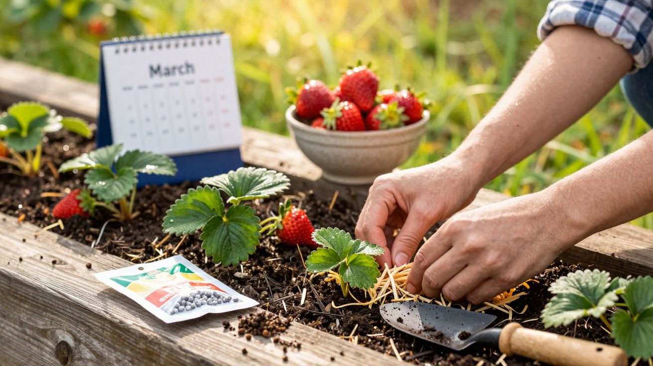 Mãos a tratar de plantas de morango numa horta com morangos frescos e calendário de março.
