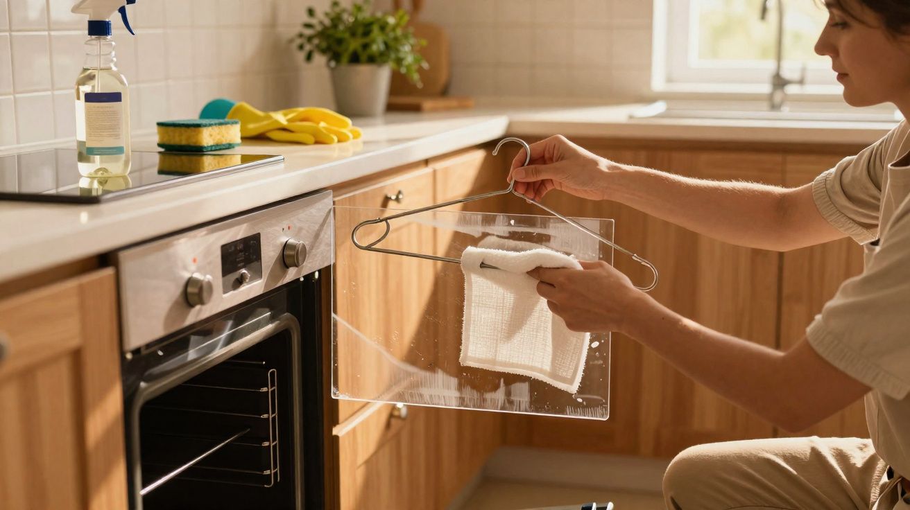 Pessoa a limpar a porta de um forno na cozinha com um pano branco e cabides metálicos.